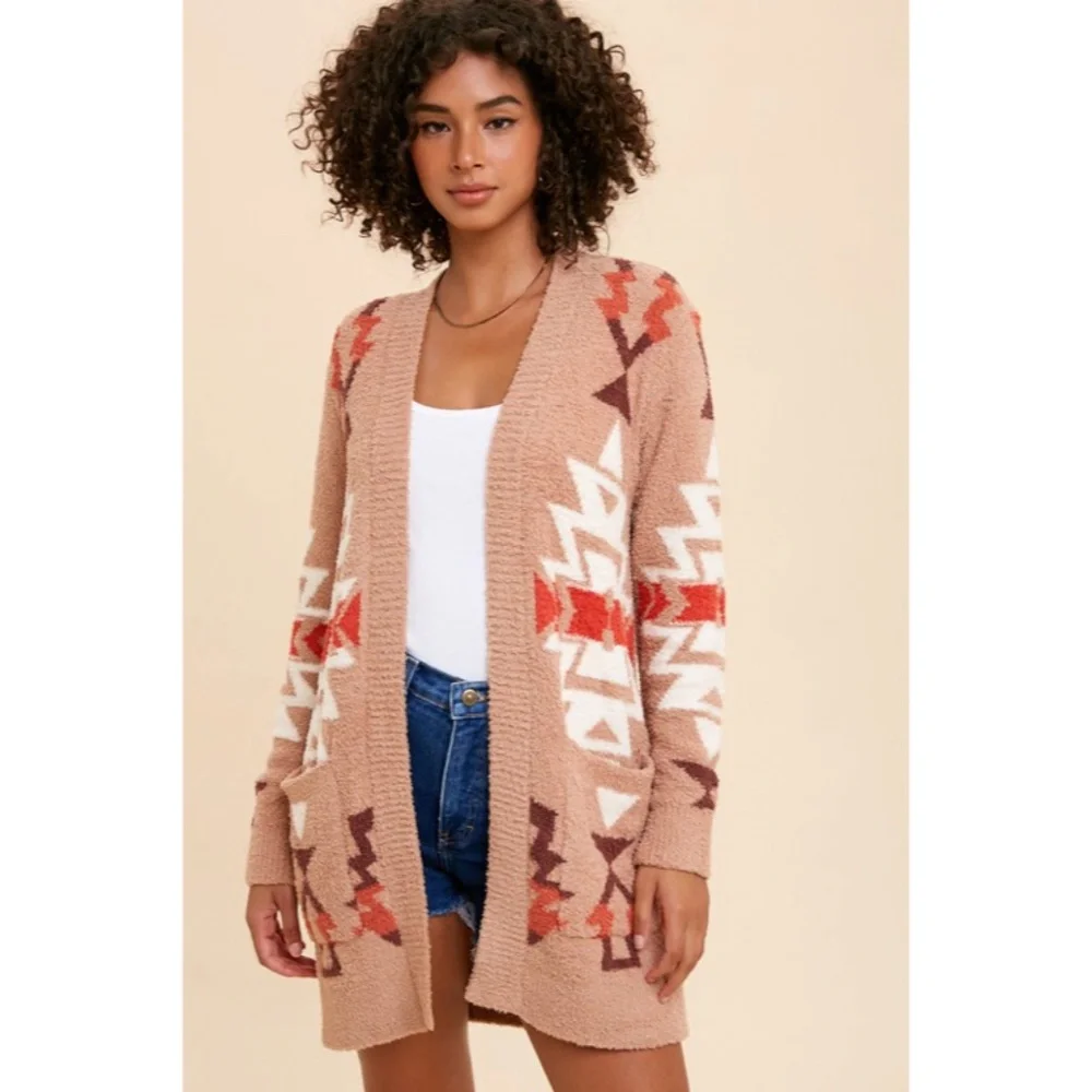 SOLD OUT Sand Multi Color Aztec Tribal Fuzzy Soft Knit Cardigan Sweater - Picture 3 of 11